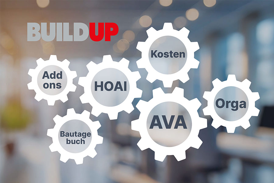 Programmbereiche der Software BUILDUP: AVA, Kosten, HOAI, Orga, Bautagebuch und Add-ons