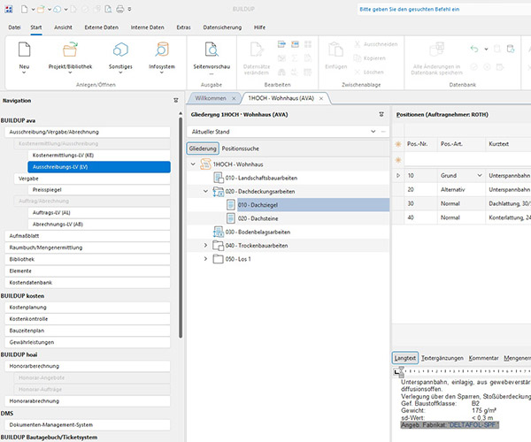 BUILDUP AVA – Screenshot zum Bereich Ausschreibungs-LV