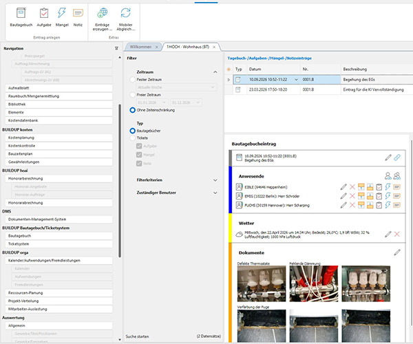 BUILDUP Bautagebuch – Screenshot von einem Bautagebucheintrag