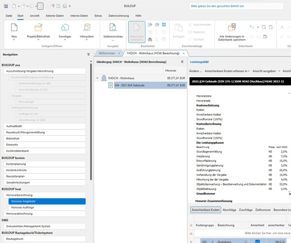 BUILDUP HOAI – Screenshot zum Bereich Honorar Angebote