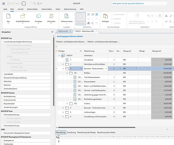 BUILDUP Kostenmanagement – Screenshot zum Bereich Kostenplanung