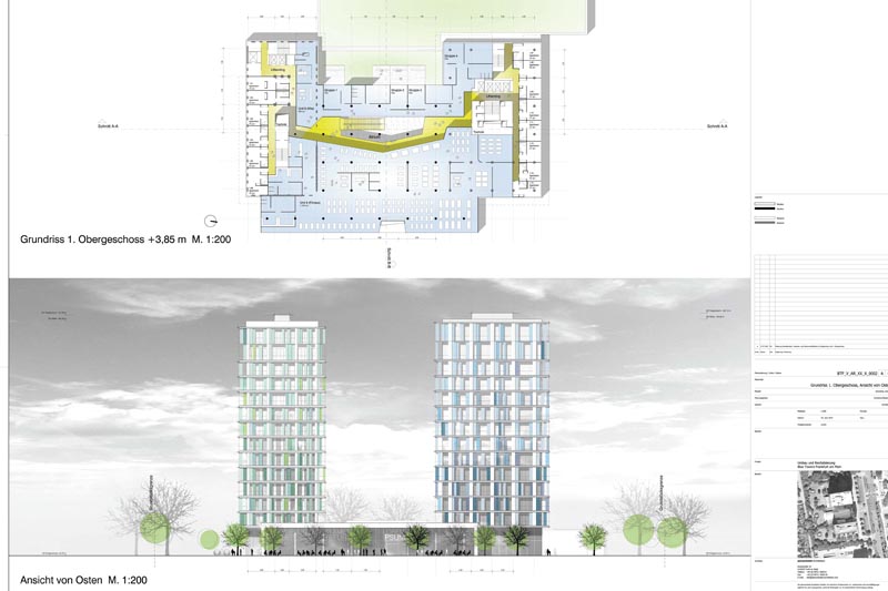 Grundriss vom 1. OG und Modellansicht auf Wohn- und Geschäftshaus „Blue Tower“ in Frankfurt am Main, mit SPIRIT erstellt