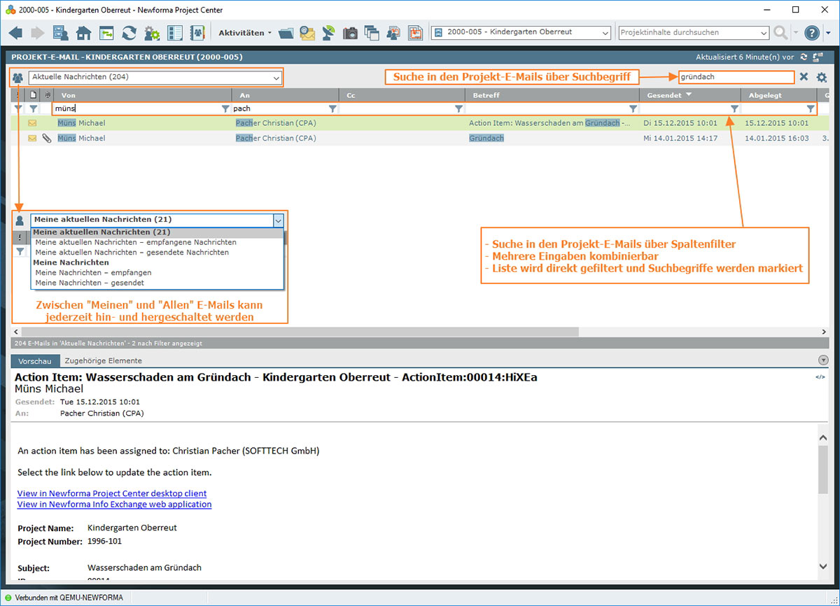 Suche innerhalb der Projekt-E-Mails mithilfe von Filterfunktionen und Suchbegriffen.